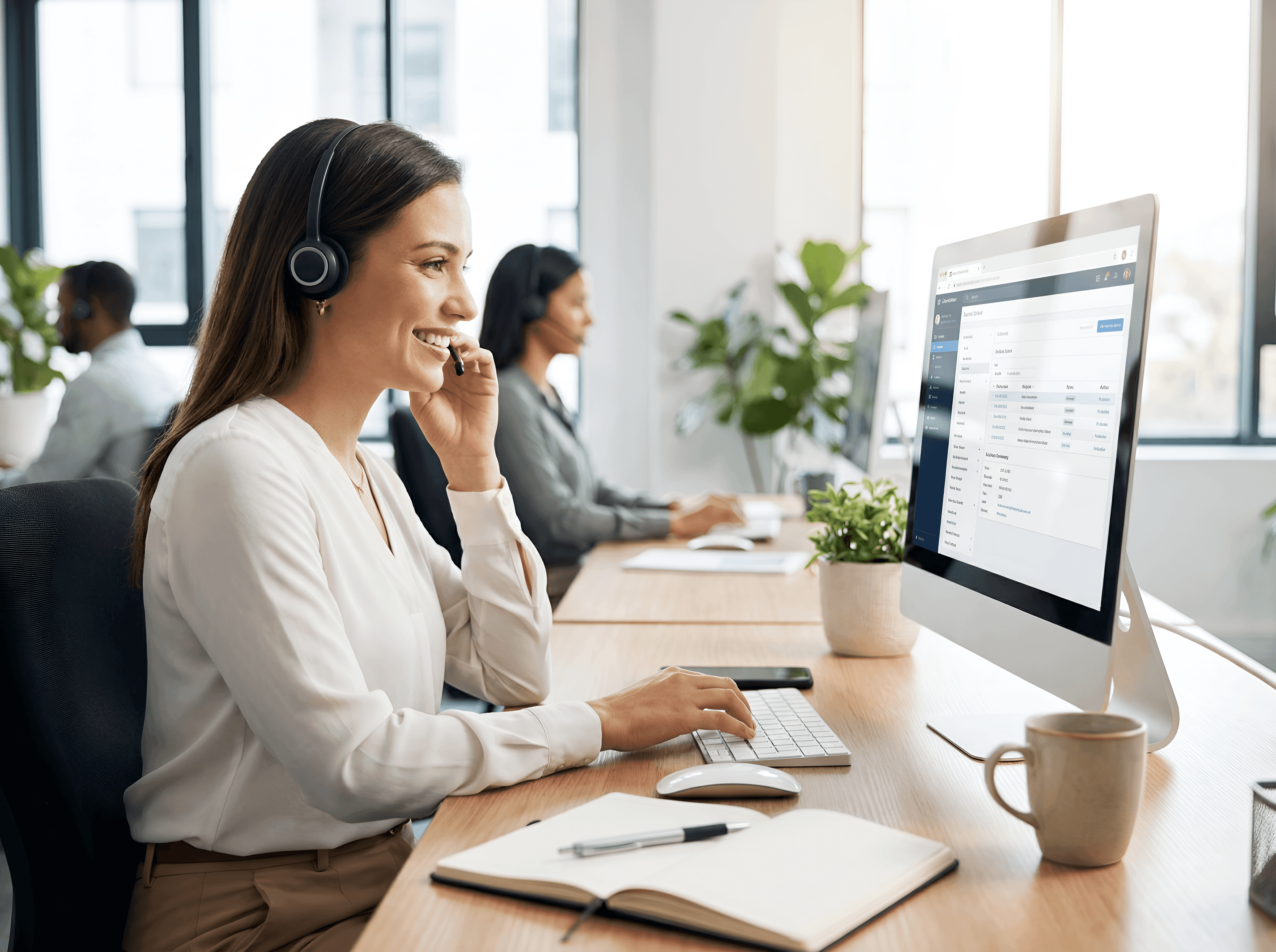 Smiling woman with a headset works at a computer in a modern office.