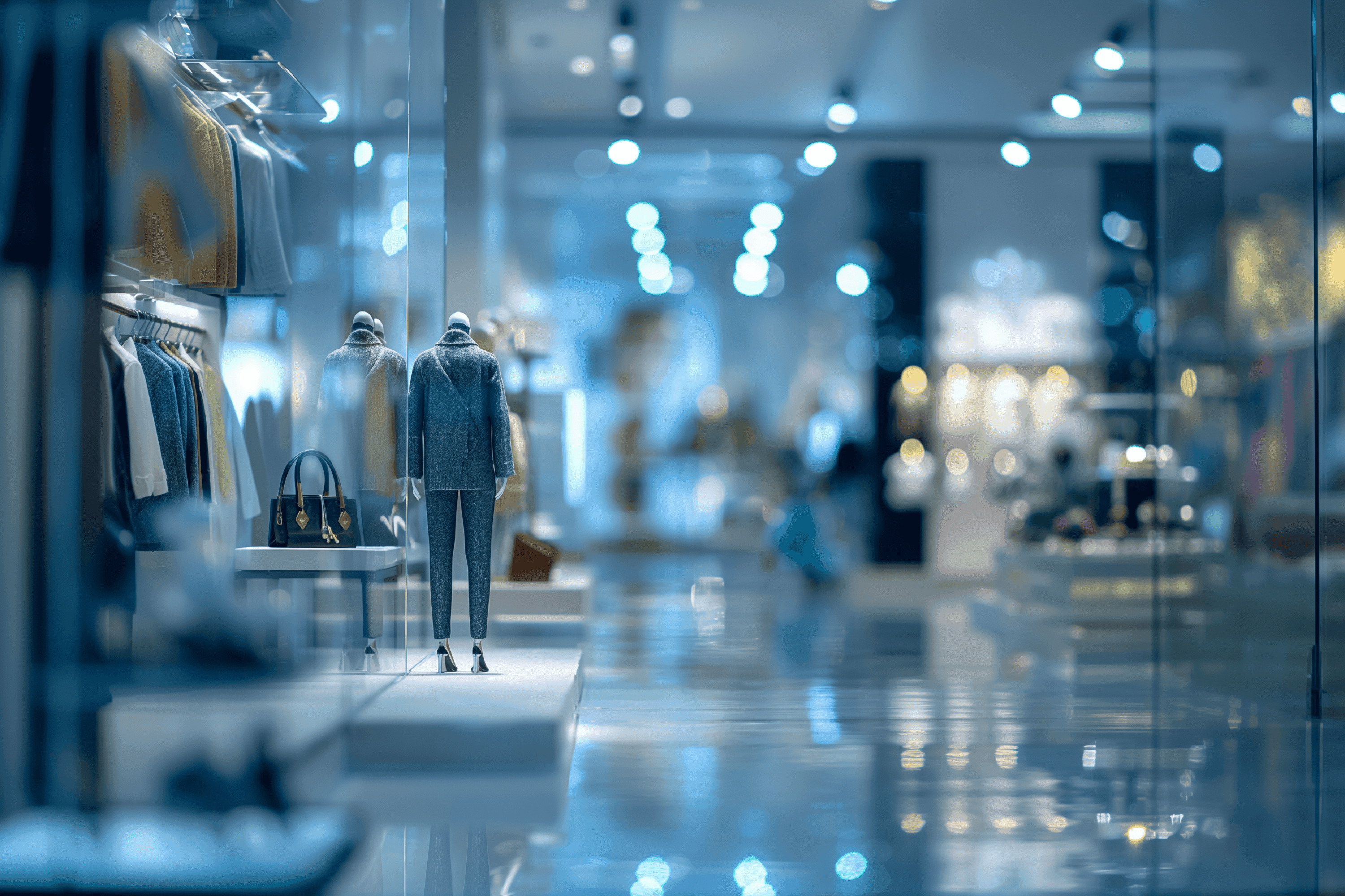 Modern, upscale clothing store interior with mannequins displaying fashionable apparel and luxury handbags.