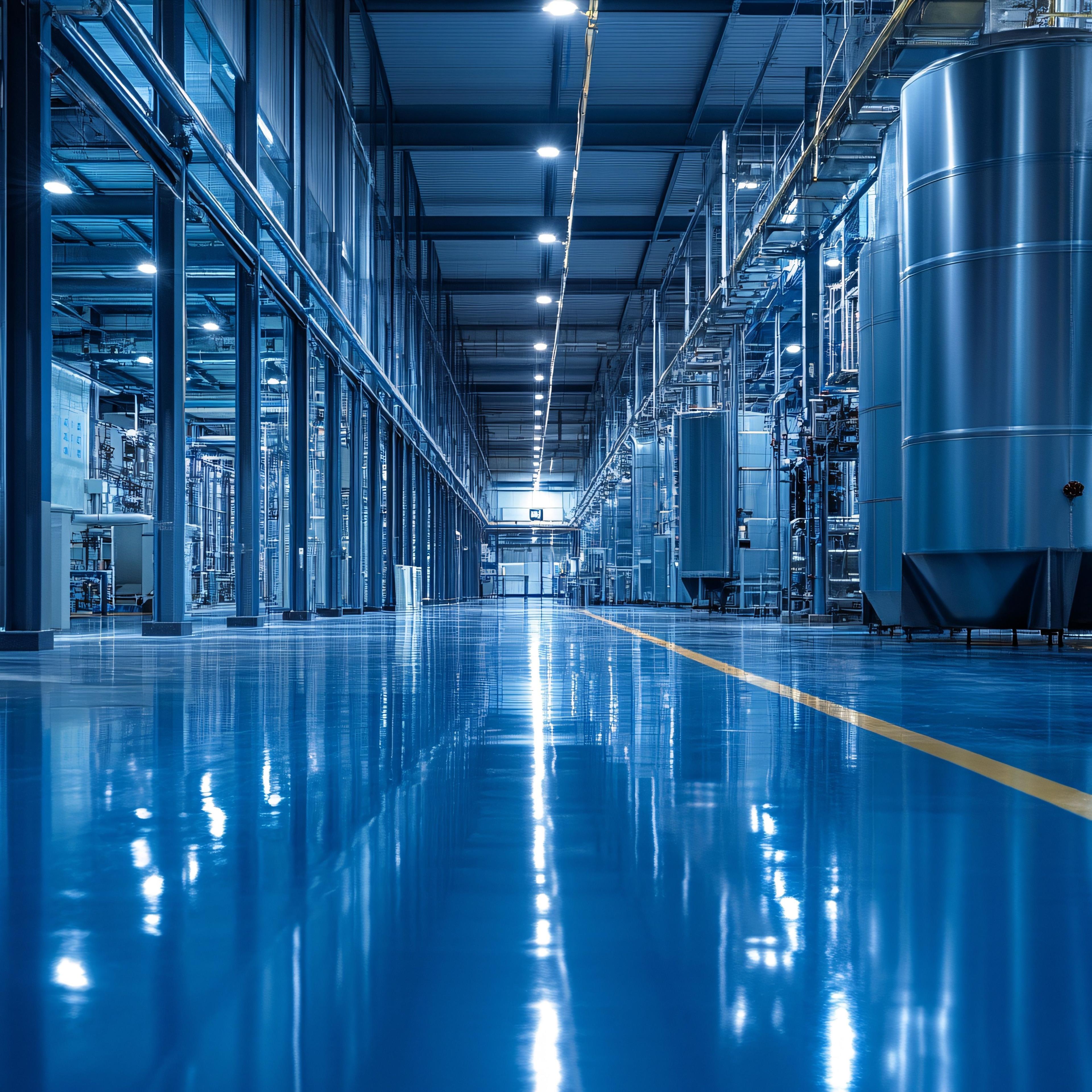 A long, modern industrial facility with a gleaming blue floor and large metallic equipment.