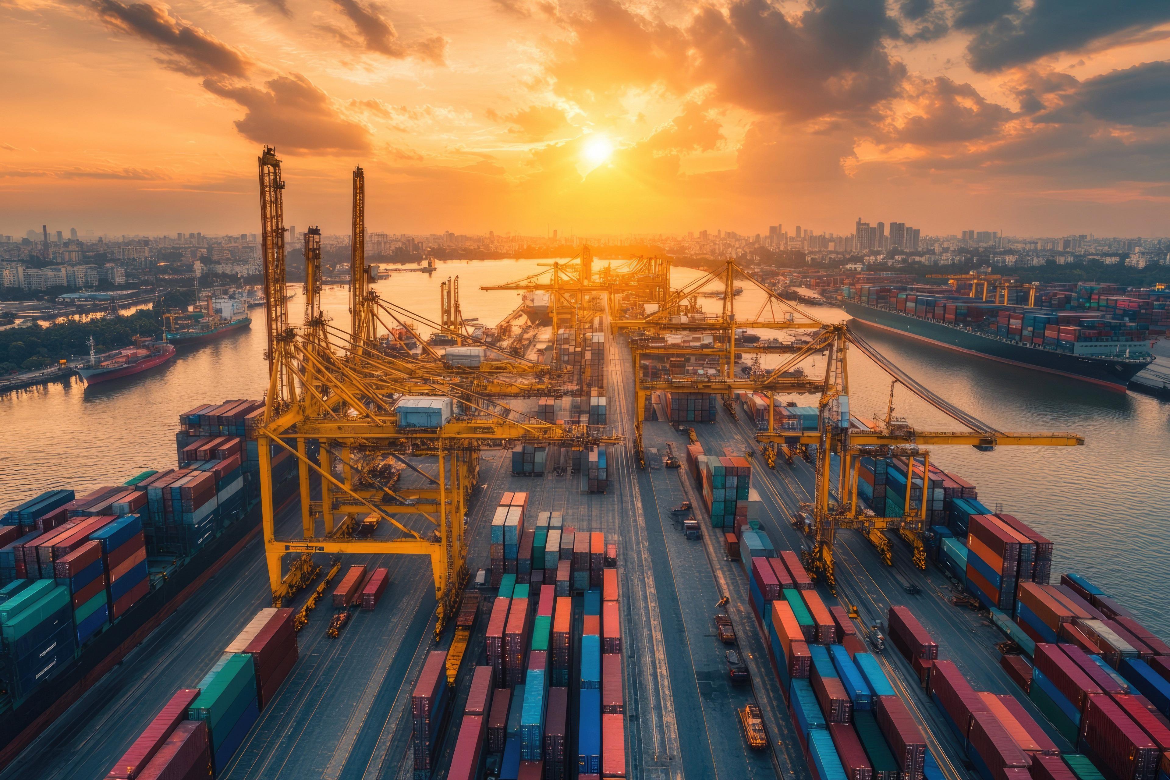 Aerial view of a busy shipping port with colorful containers and cranes at sunset.