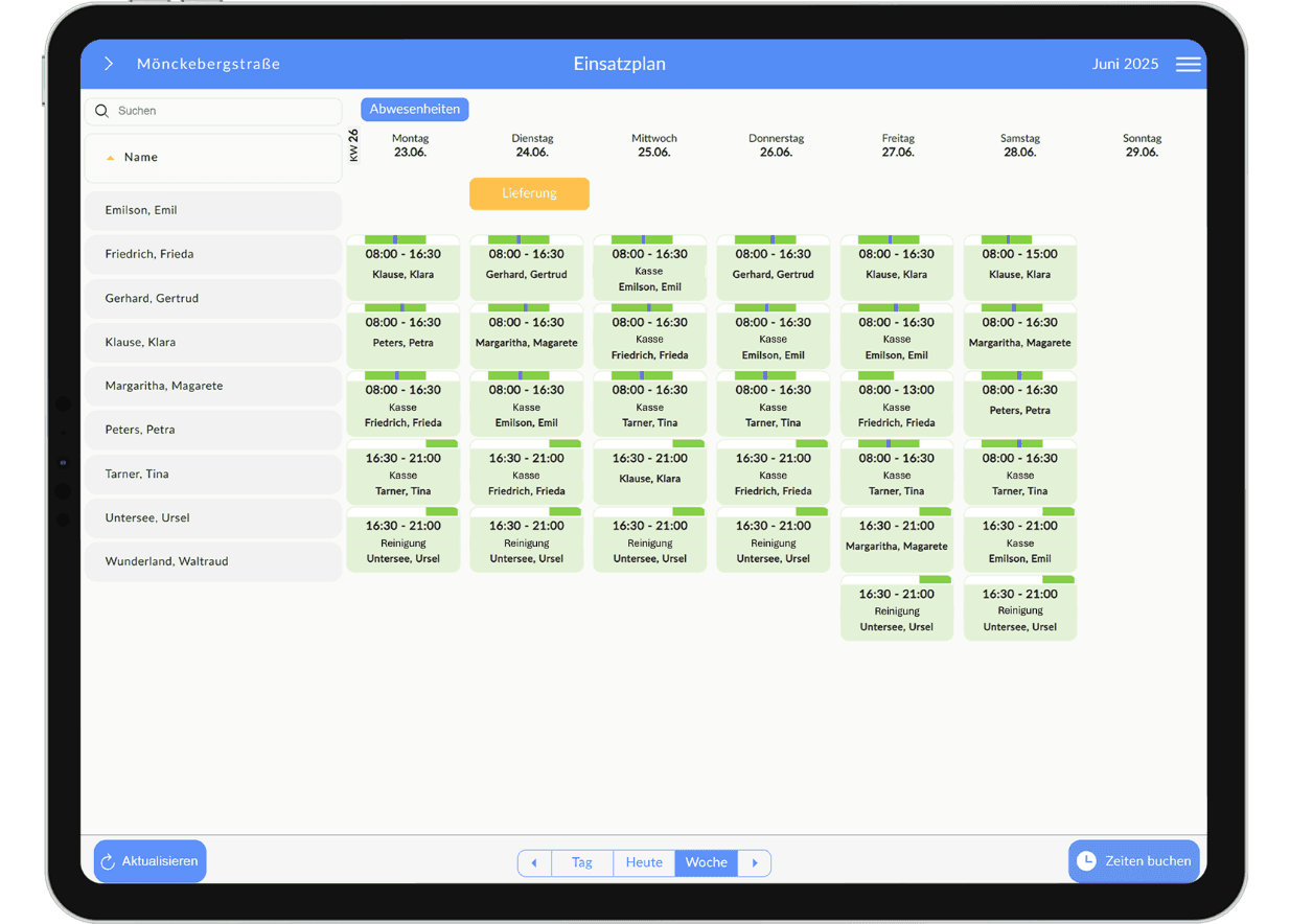 A digital deployment plan displayed on a tablet showing employee schedules and vacation days.